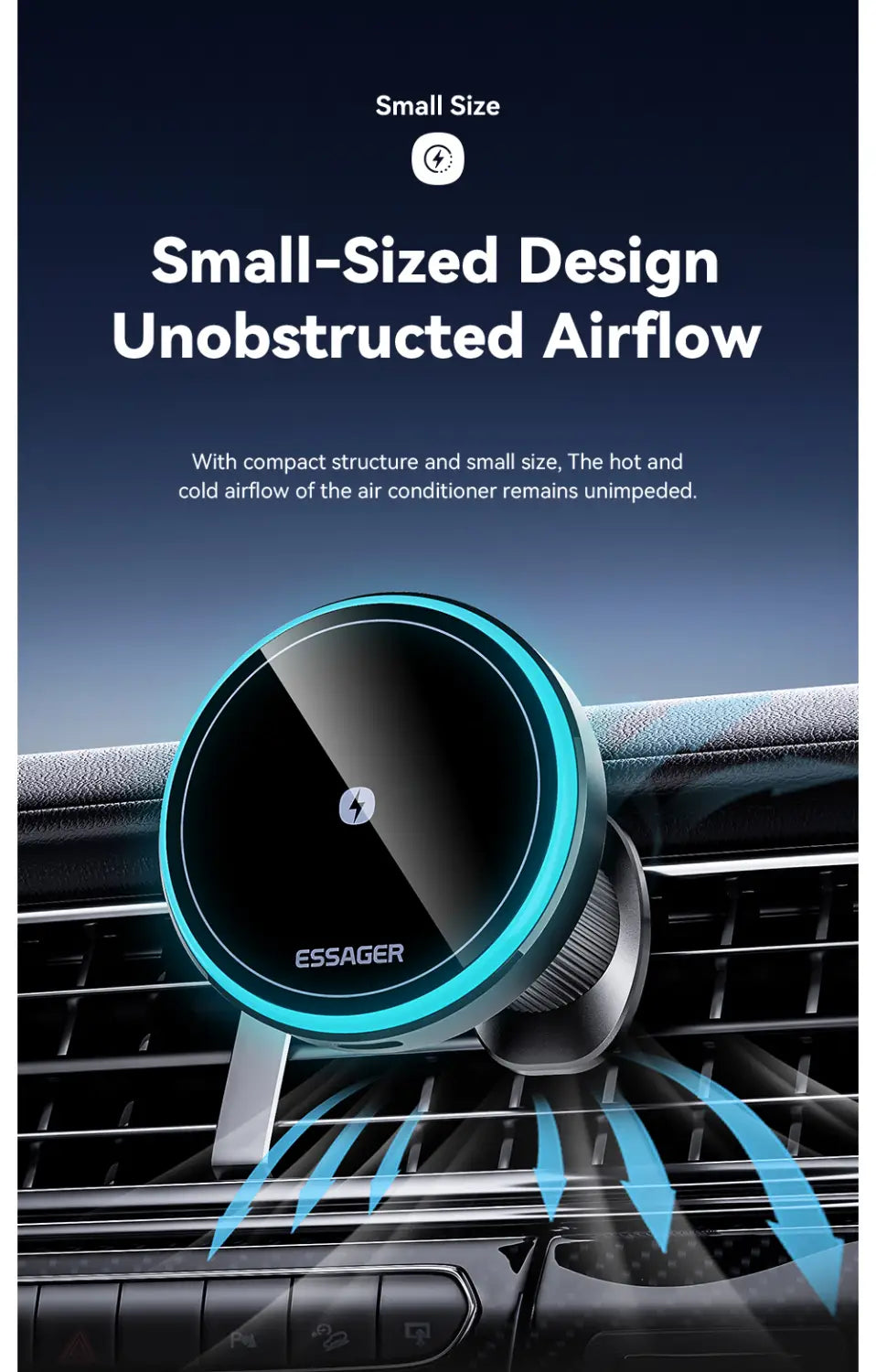Circular black and teal wireless charger with a magnetic base branded essager for 15w magnetic wireless car charger mount.