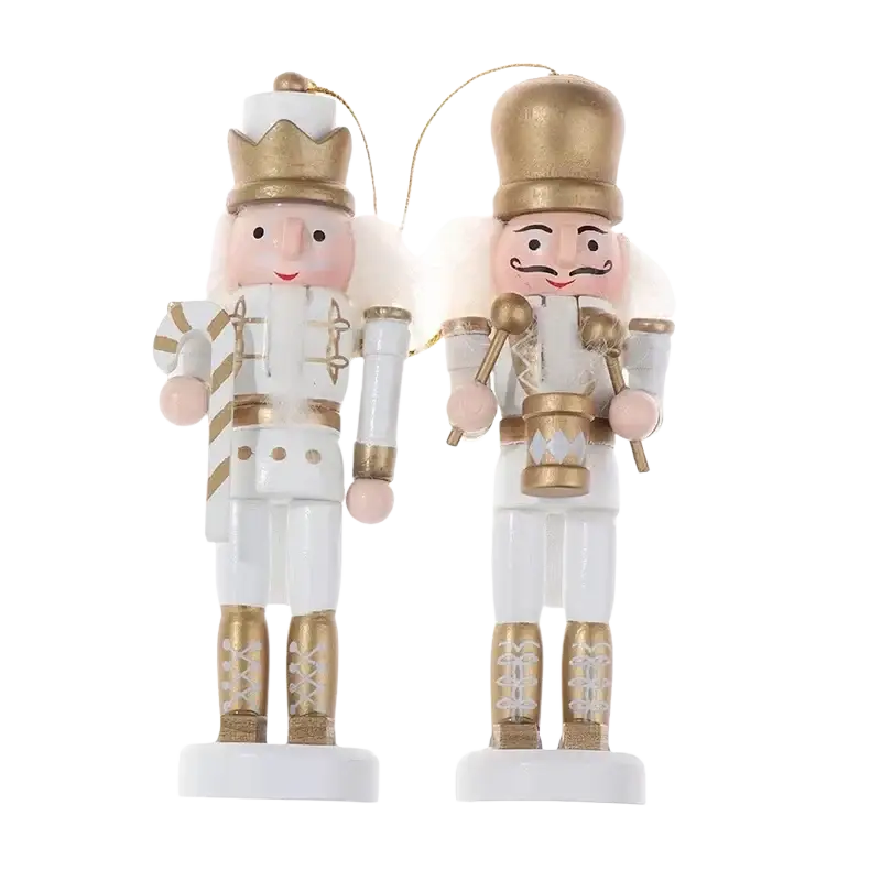 Two 12cm tall wooden nutcracker ornaments in colorful soldier designs perfect as christmas tree decorations