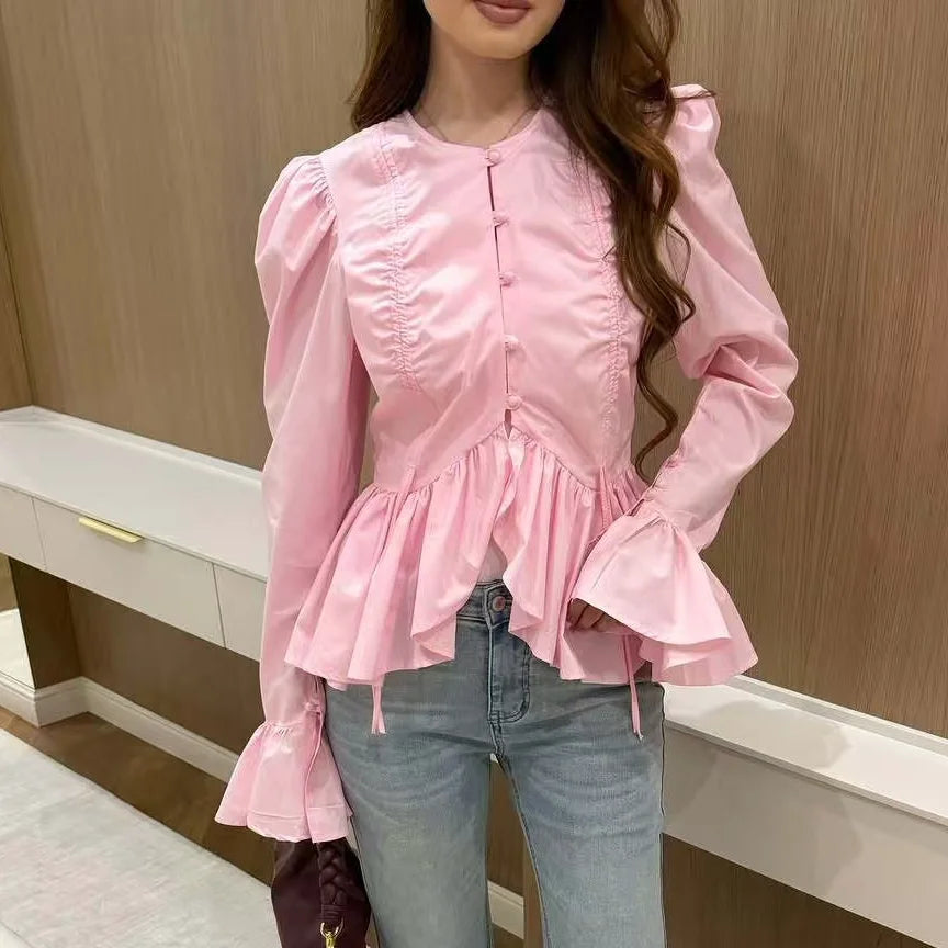 Women's Long Sleeve Pure Color Drawstring Bell Bottom Top Versatile T-Shirt Comfortable Breathable Polyester round Neck Design