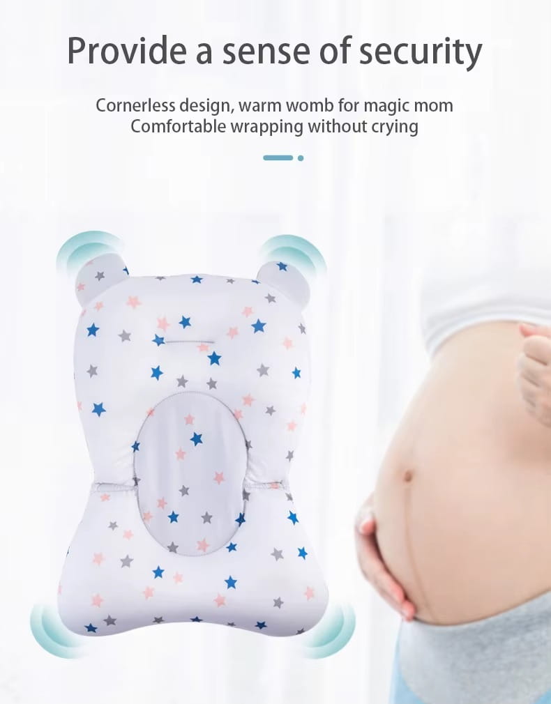 White star-patterned baby bath seat floating newborn tub support cushion with soft cornerless design and plush texture.
