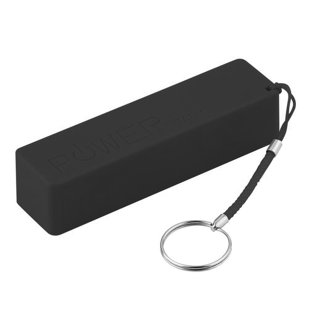 Schwarze rechteckige tragbare Powerbank für eine 18650-Batterie mit Micro-USB-Anschluss und Schlüsselanhänger-Anbringung für eine bequeme Nutzung als tragbare Stromquelle.