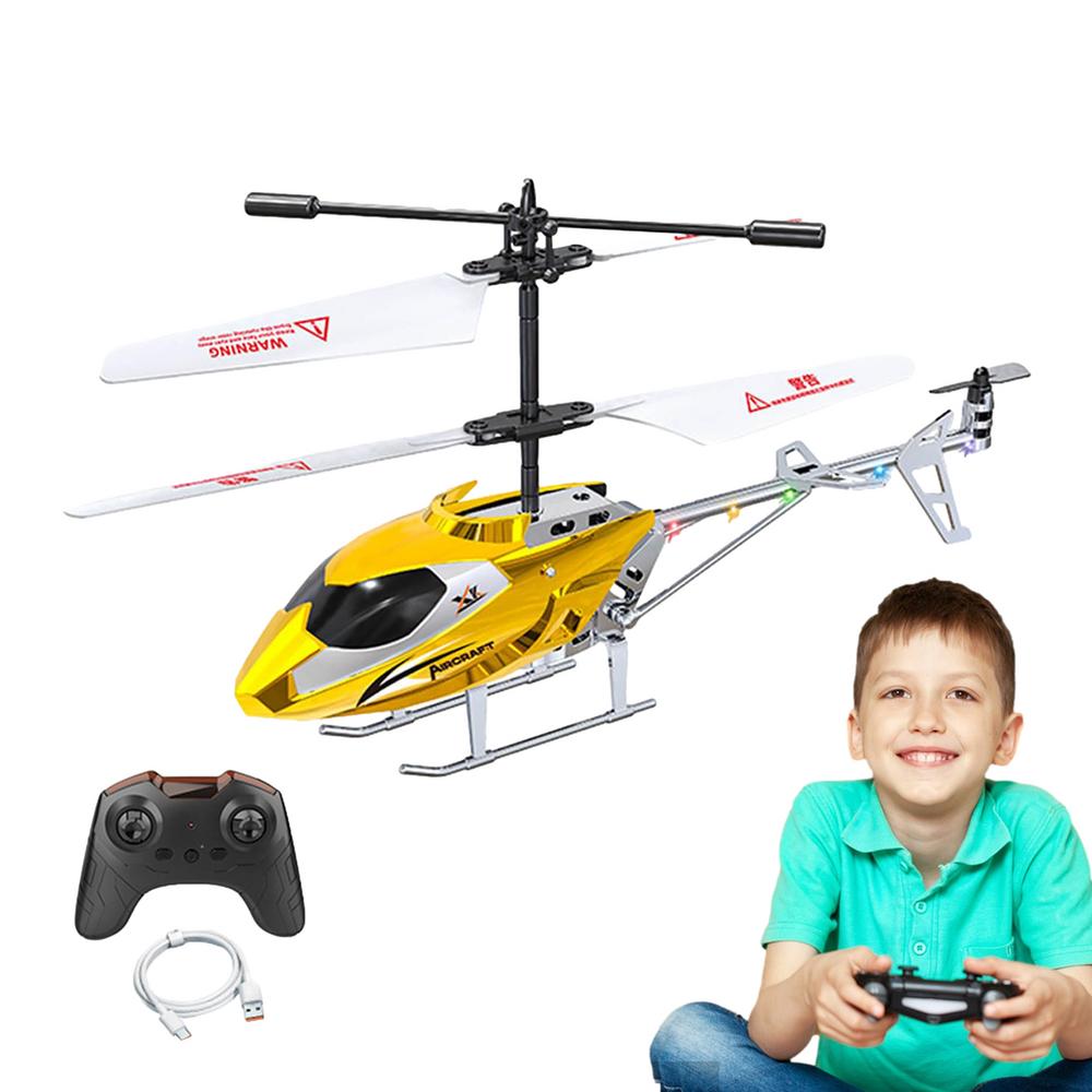 Yellow and black remote control helicopter for kids with white blades and silver landing skids designed as an easy flight toy.
