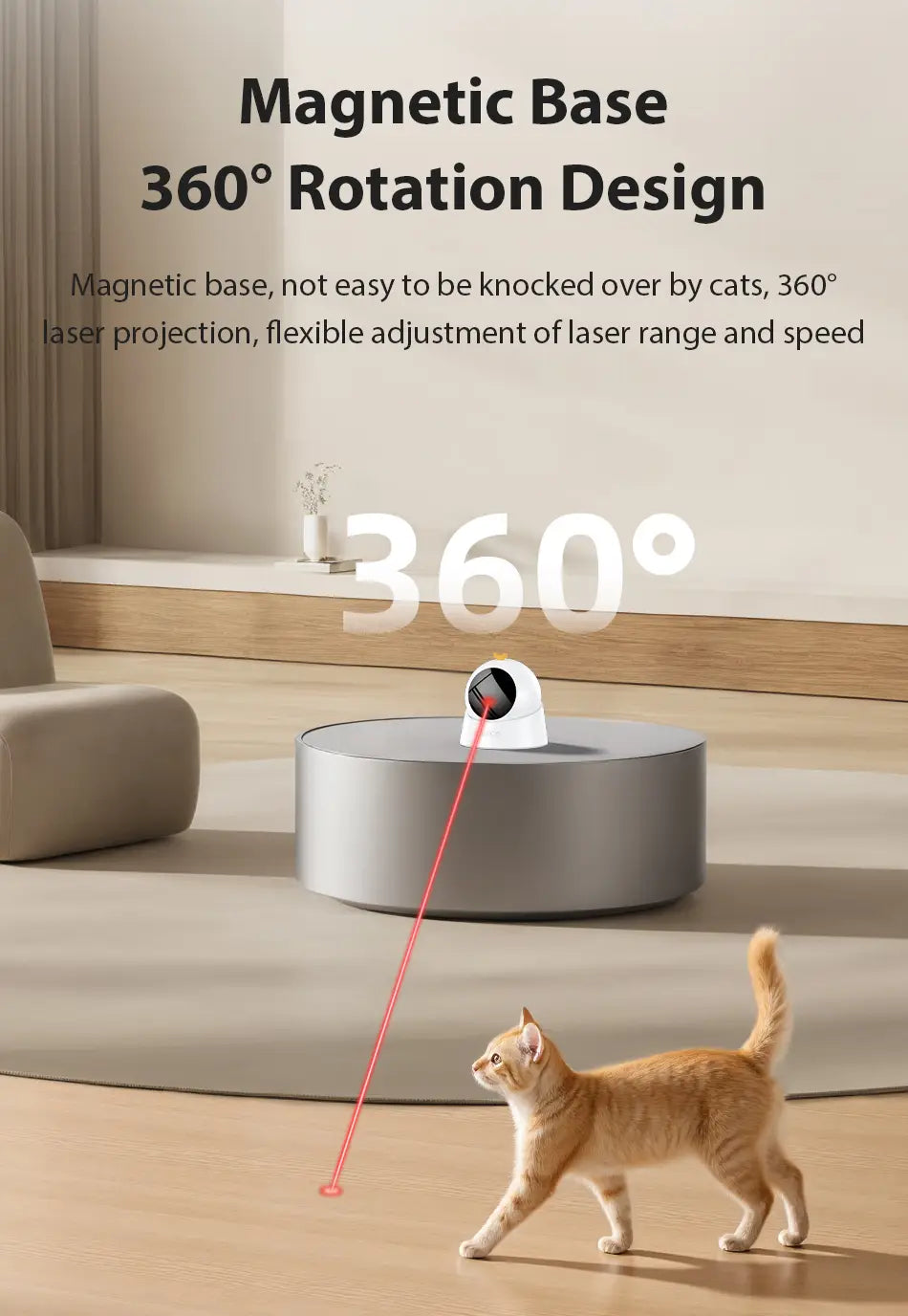 white magnetic base interactive laser cat toy with 360-degree rotation design shown from front angle