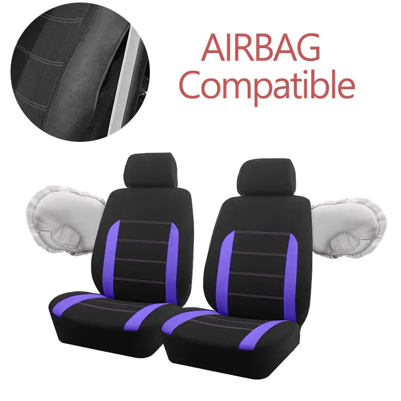 Juego completo de fundas universales para asiento de automóvil en negro y morado, con diseño de tejido texturizado para mayor durabilidad y comodidad.