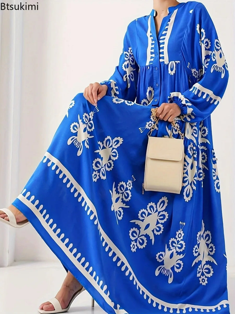 New Women's Loose Ethnic Retro Dress Spring Autumn Print V Neck Casual Long Dress Arab Style Bohemian Maxi Dresses Muslim Abayas