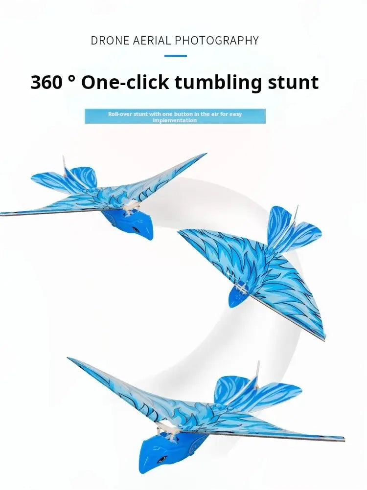 blue remote control flying bird toy with feather-like patterns and sleek aerodynamic design for outdoor remote control use