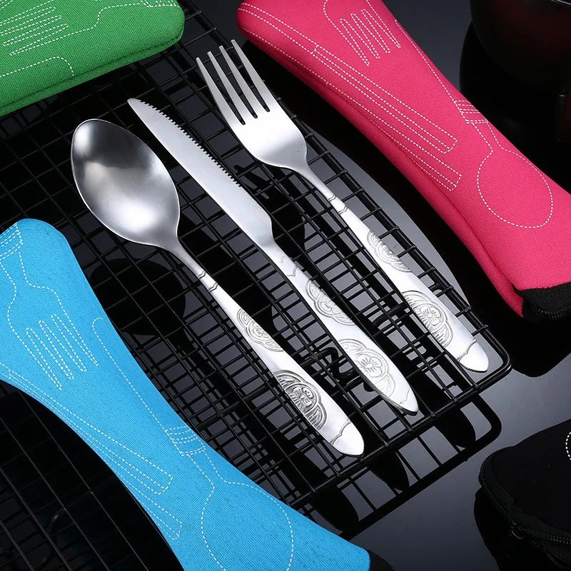 Portable Dinnerware Set - Ultra-Portable, Vibrant Printed, Stainless Steel Cutlery Set with Knifes, Fork, Spoon Carrying Bag