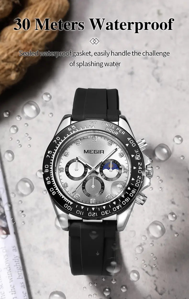 Megir men luxury sports quartz watch featuring a silver-toned chronograph case, black rubber strap, silver dial with three subdials, diamond accents on hour markers, and 30-meter waterproof rating.