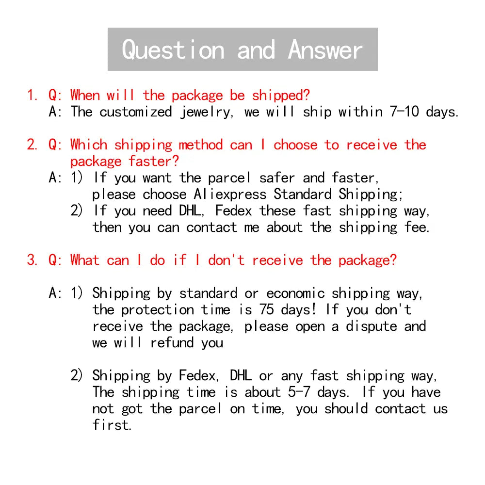 The image shows a q and a section with red and black text on a white background detailing shipping information for a customized car model metal keychain designed as personalized jewelry.