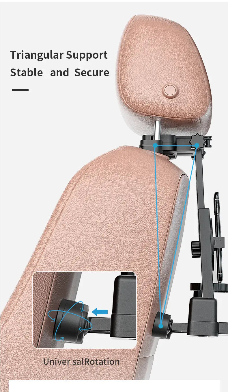 Rose gold leather car headrest support with black adjustable metal frame for car headrest laptop tray and food holder.