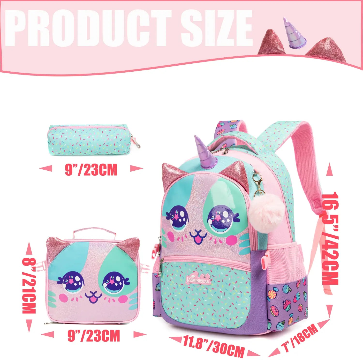 Schulrucksack-Set für Meerjungfrauen-Mädchen im Pastellrosa-und-Teal-Katzendesign mit Lunchbox, mit einem glitzernden violetten Einhornhorn, funkelnden Ohren und einem flauschigen Pompon-Anhänger.