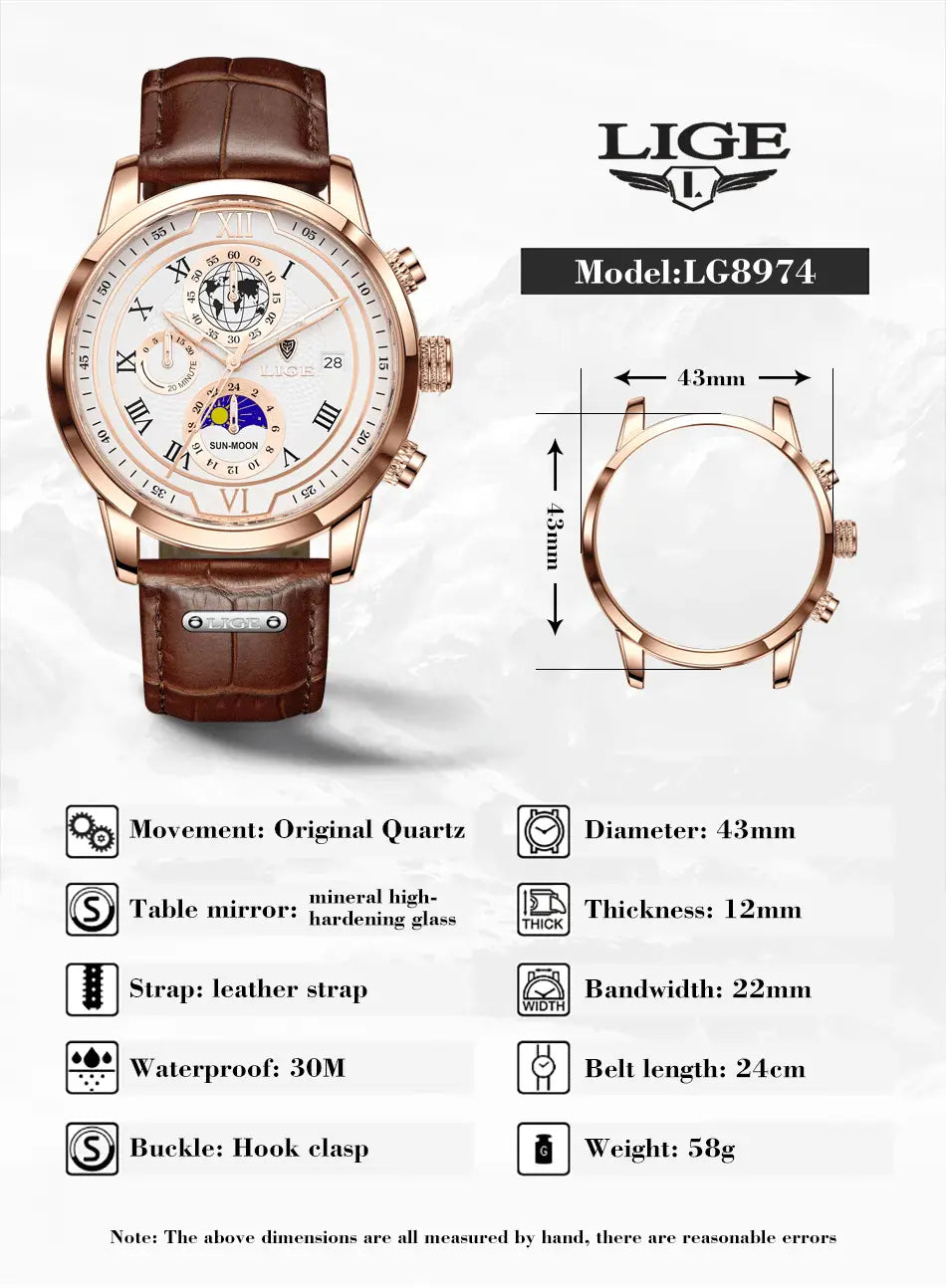 Herren-Lige-Uhr mit Roségold-Chronograph und Lederarmband, mit weißem Zifferblatt mit römischen Ziffern, Mondphasenanzeige und drei Hilfszifferblättern, kombiniert mit braunem Lederarmband.