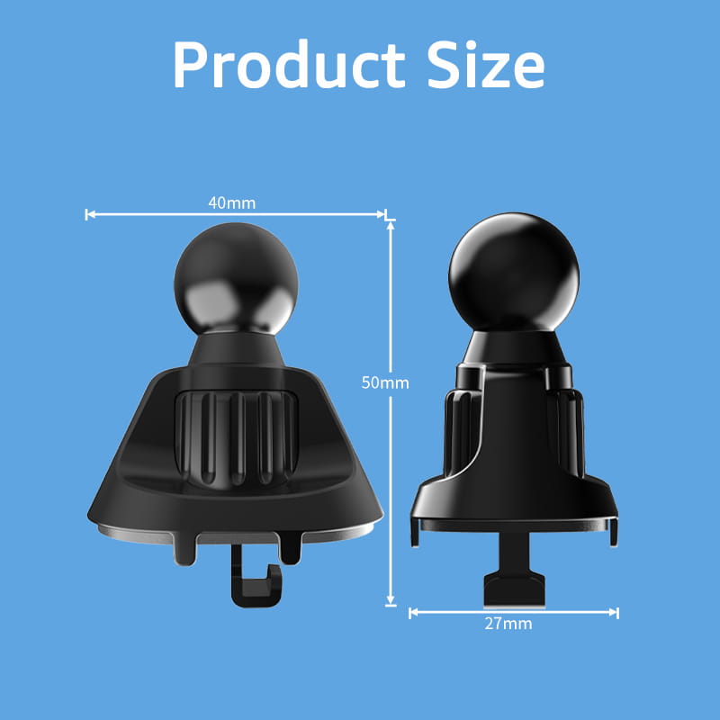 Base de tête à bille en plastique de 17 mm noire pour fixation sur grille d’aération de voiture, avec tête sphérique et base réglable pour un positionnement sécurisé du téléphone.