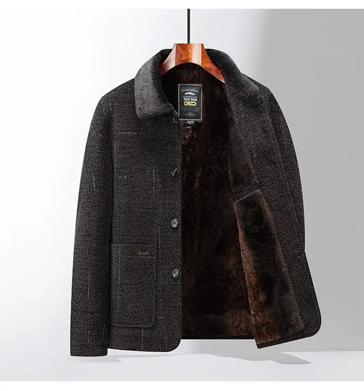 Men wool blend winter trench coat in dark gray with plush brown fur-lined collar and interior featuring classic button closures.