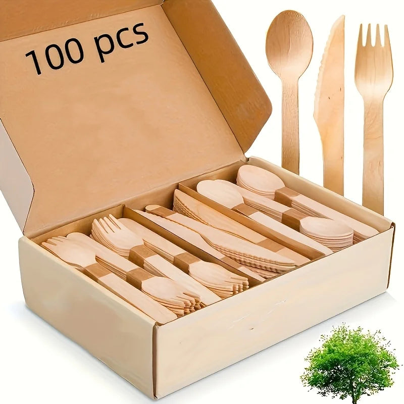 A Set of Premium Wooden Cutlery – 100/200 Pieces of Disposable Cutlery (50/100 Forks, 25/50 Knives, 25/50 Spoons), Suitable for Events and Catering Services, Includes 5.5inch / 6.3inch Utensils, with a Wooden Table Cutlery