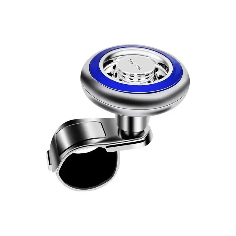 Gira-volante plateado y azul con rotación de 360 grados y soporte para teléfono montado, con un diseño circular elegante para ajuste universal.