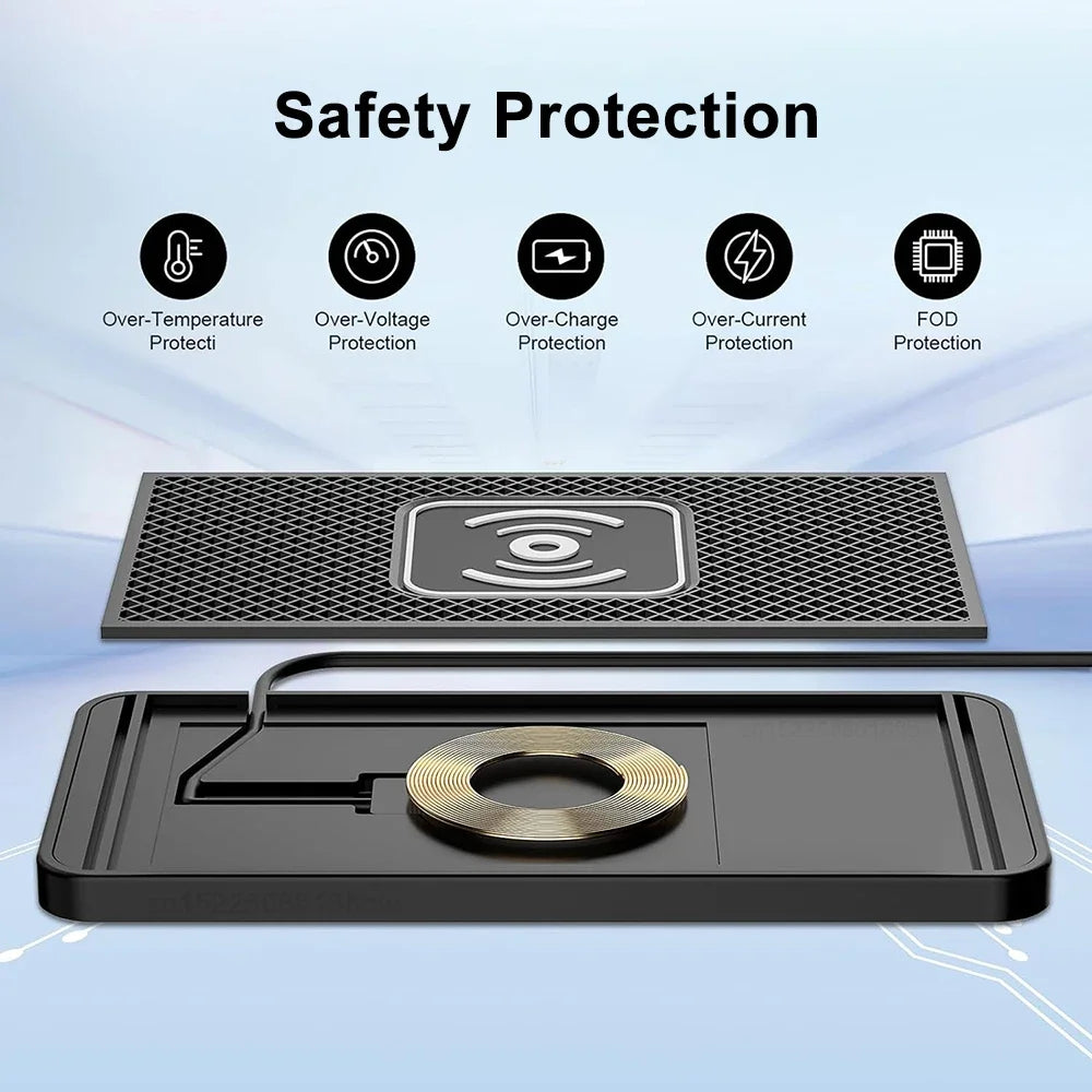 15W Fast Car Wireless Charging Pad Anti Slip Phone Charger Mat For Vehicles Universal Fit Case Friendly Safety Protection