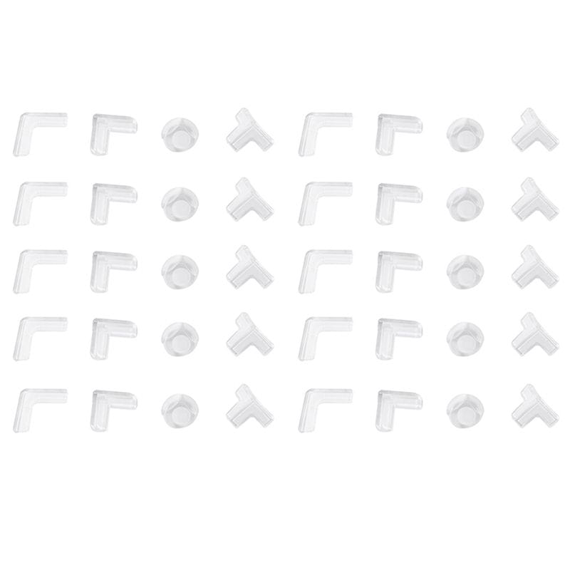 clear plastic corner protectors and t-junction connectors arranged in a grid pattern from the clear corner protectors 40 pack child safety guards set.