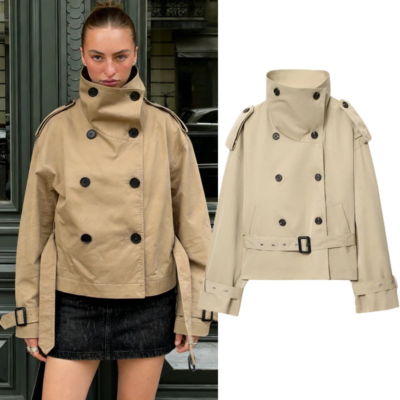 Women's Trench Coat Khaki Short Stand Collar Double Breasted Long Sleeve Jacket 2026Spring Autumn New Lady Casual Street Outwear