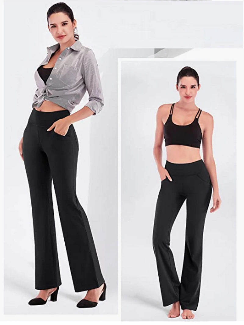 Women Flare Yoga Leggings Dress Pant With Pockets  High Waist Workout Bootleg  Tummy Control Leggin Bell Bottom Work Pants