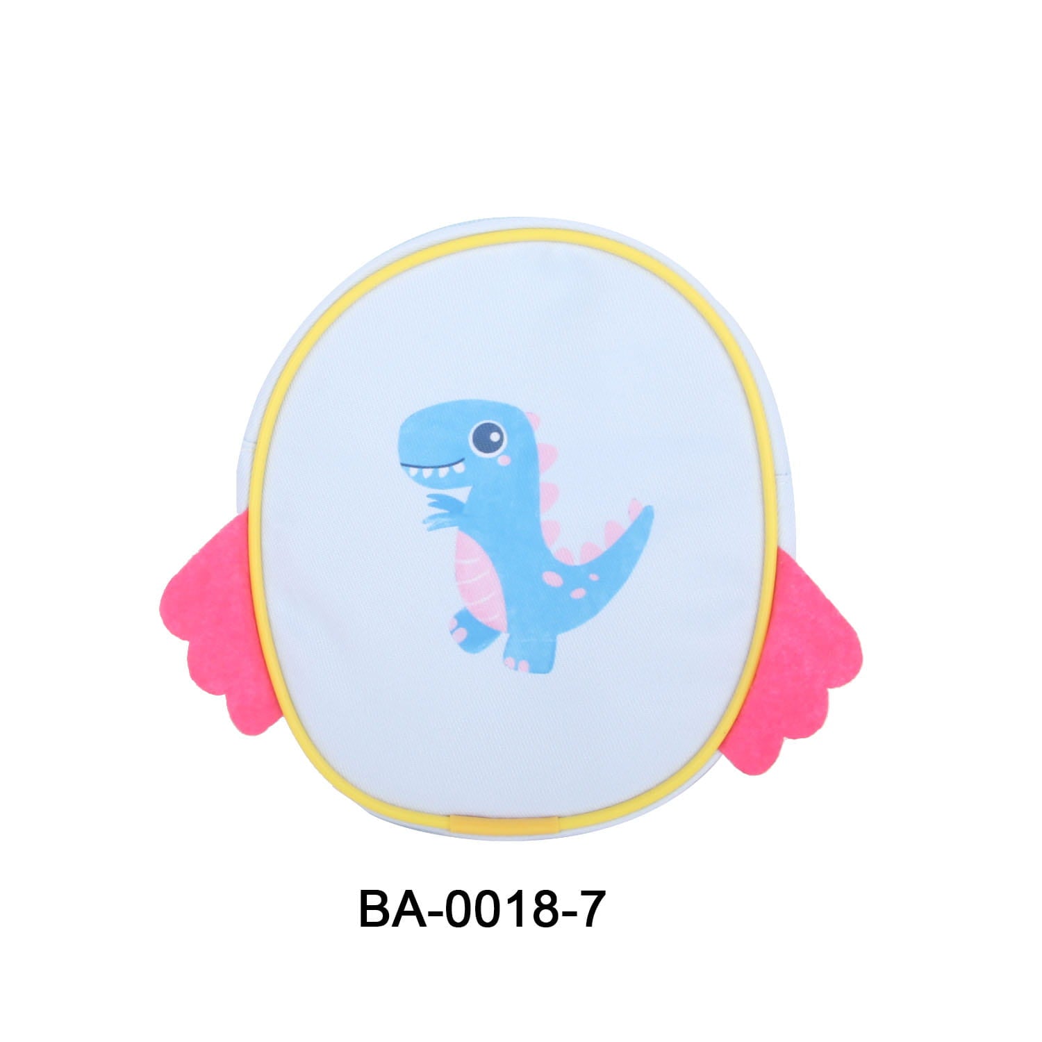 Ein weicher oval geformter Plüsch-Puppenrucksack mit einem niedlichen blauen Dinosaurier mit rosafarbenen Akzenten und Flügeln, entworfen als Mini-Cartoon-Reiseetui-Accessoire