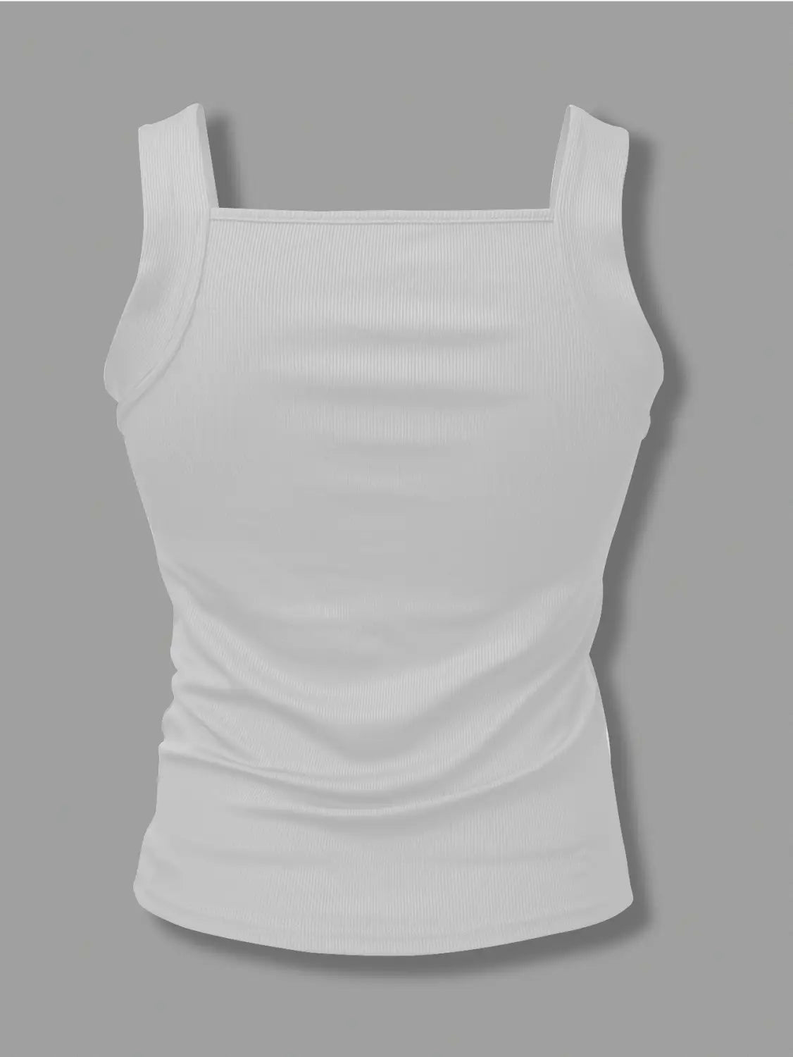 Men’s white ribbed tank top with square neckline and thin straps made from soft fabric.