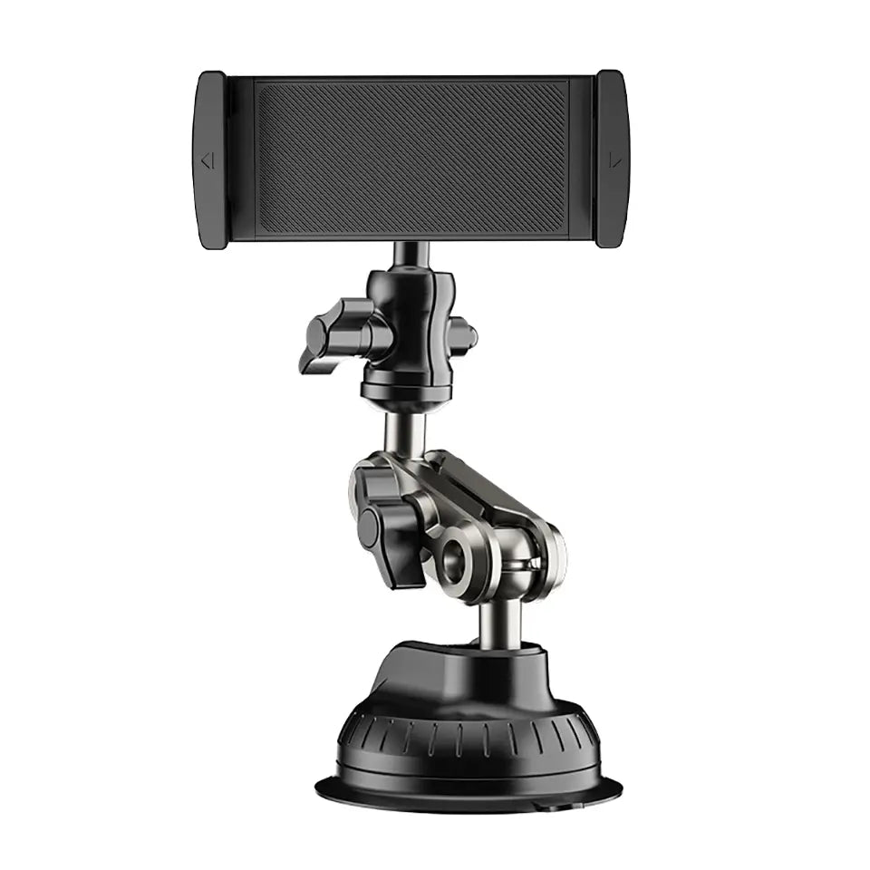black adjustable tablet holder with suction cup base and articulated arm for windshield mounting and similar size devices