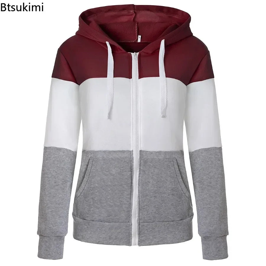 2026 Women's Long Sleeve Hoodies Fashion Splice Design Hooded Drawstring Sport Zip-up Coats Women Casual Color Block Sweatshirts