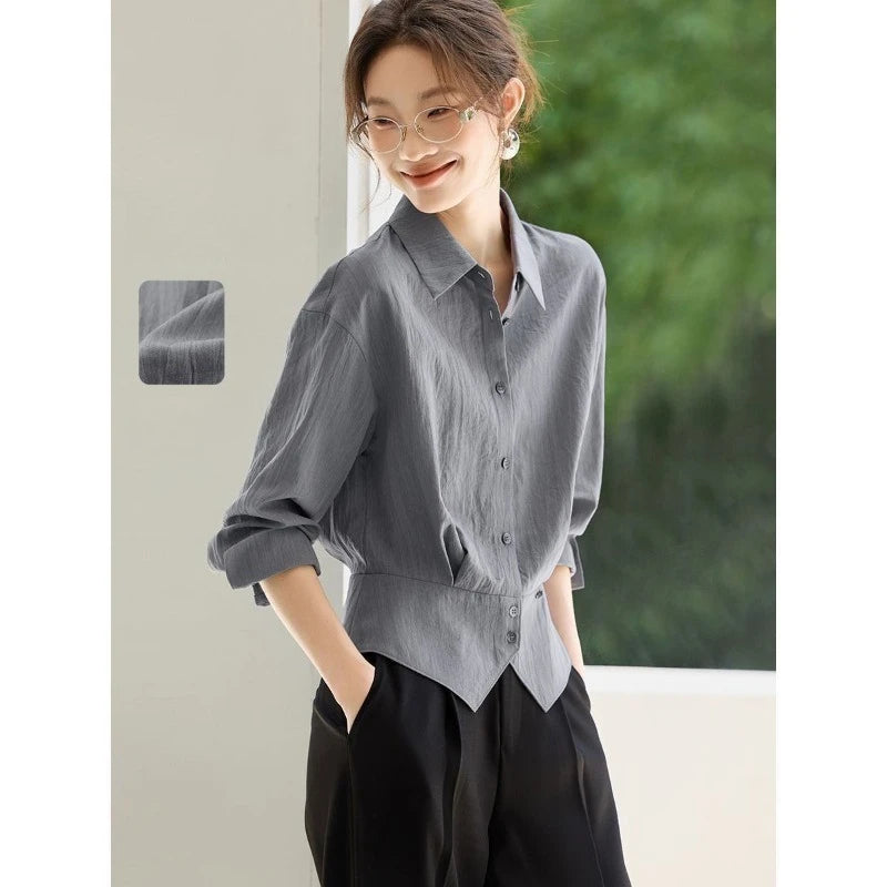 Women Long Sleeve Shirt Elegant Lapel Waist Hem Design Slim Fit Office Shirts Summer spring Ladies Breathable Commuter Blouse