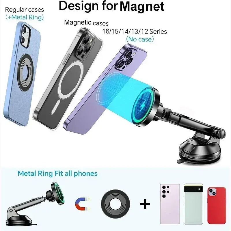 Schwarzes magnetisches kabelloses Kfz-Ladegerät und schnelle Telefonhalterung mit magnetischer Telefonhalterung, Saugnapfbasis und verstellbarem Arm.