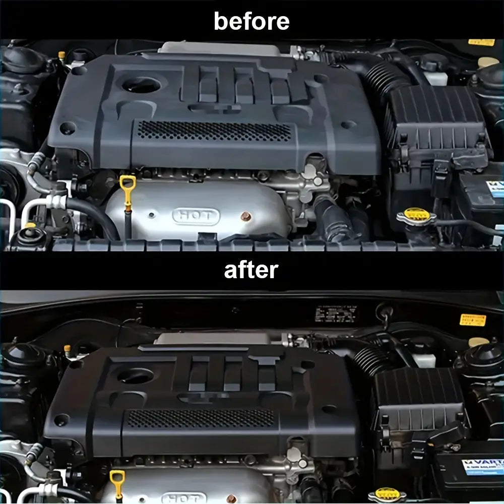 Black engine cover with textured surface and integrated ventilation grille showcasing the engine bay cleaner and plastic restorer product.