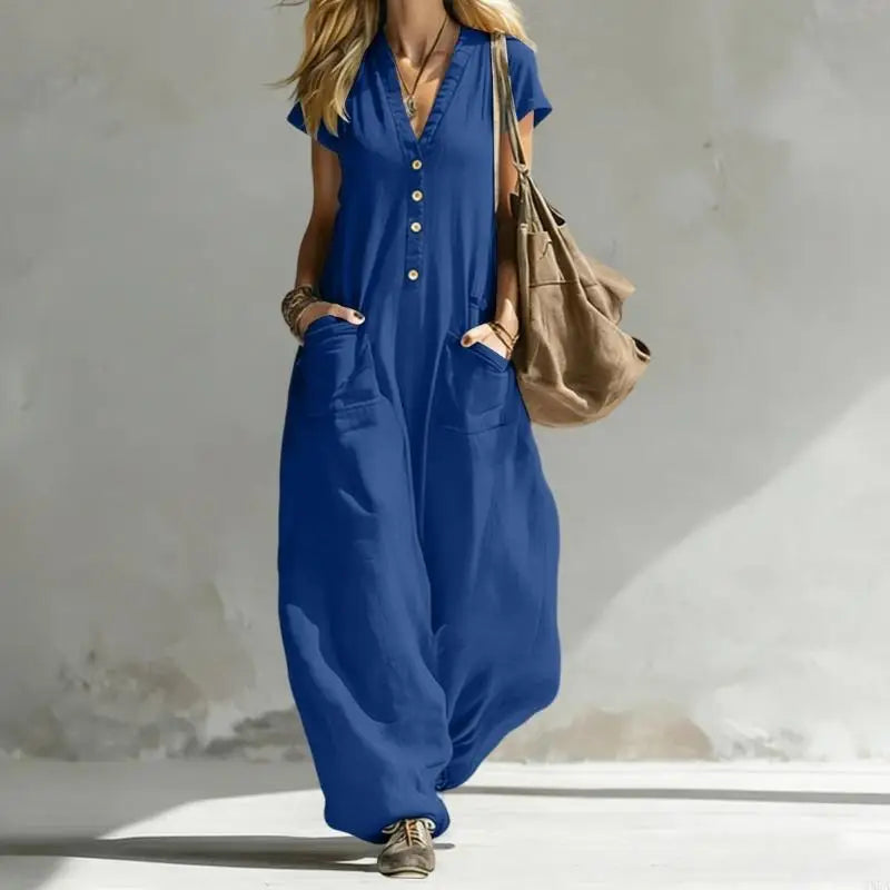 Jumpsuits for Women Linen Button Short Sleeve Jumpsuits Wide Leg V Neck Rompers Vacation Clothes with Pockets 6XDA