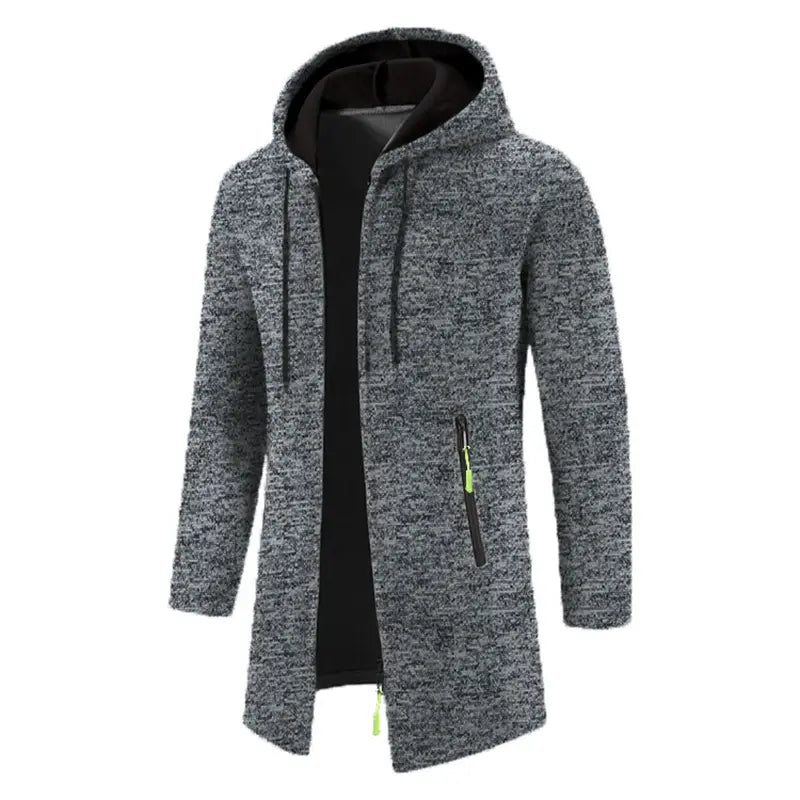 Sudadera con cremallera extragrande para hombre en tejido jaspeado gris oscuro (marled) con forro interior negro y tiradores de cremallera verde neón.