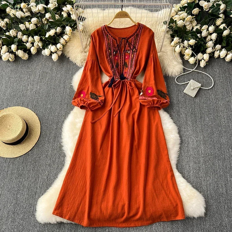 2026 New Spring Autumn Vacation Retro Ethnic Embroidery Dress Lantern Long Sleeve Waist Bohemian Dress A157