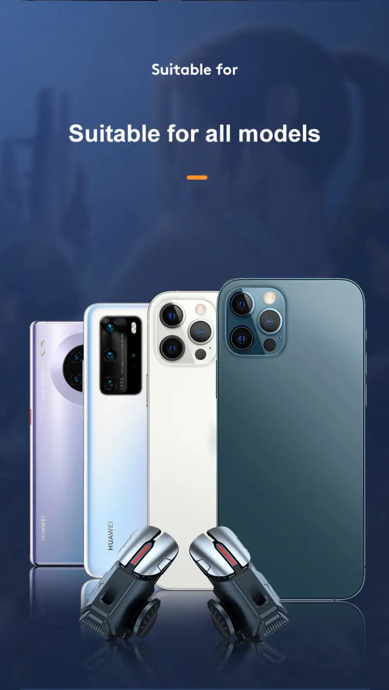 赤いアクセントを備えた、iPhoneおよびAndroid向けのシルバー＆ブラックのPUBGモバイル用トリガーコントローラー。