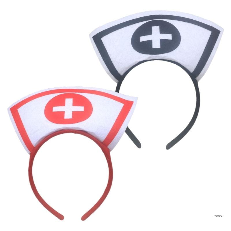 Bandeau de costume d’infirmière pour Halloween, présentant des coiffes d’infirmière en tissu blanc et rouge, avec bordure noire et un emblème de croix central.