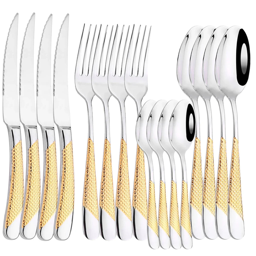 16PCS Dinnerware Stainless Steel - Black Cutlery Set, Mirror Polished, Dishwasher Safe, Includes Knives, Forks & Spoons