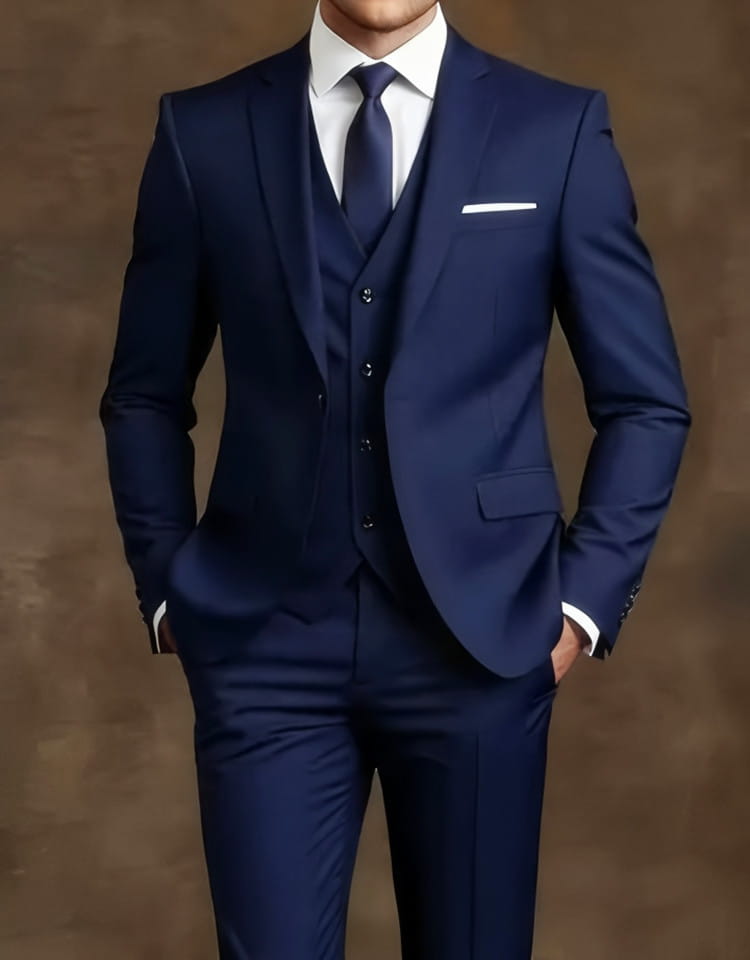 Navyblauer Dreiteileranzug mit passender Weste und Hose, mit einem crisp-weißen Hemd und Krawatte, einreihige Verschlussart für einen Herren schwarzen Slim-Fit-Smoking.