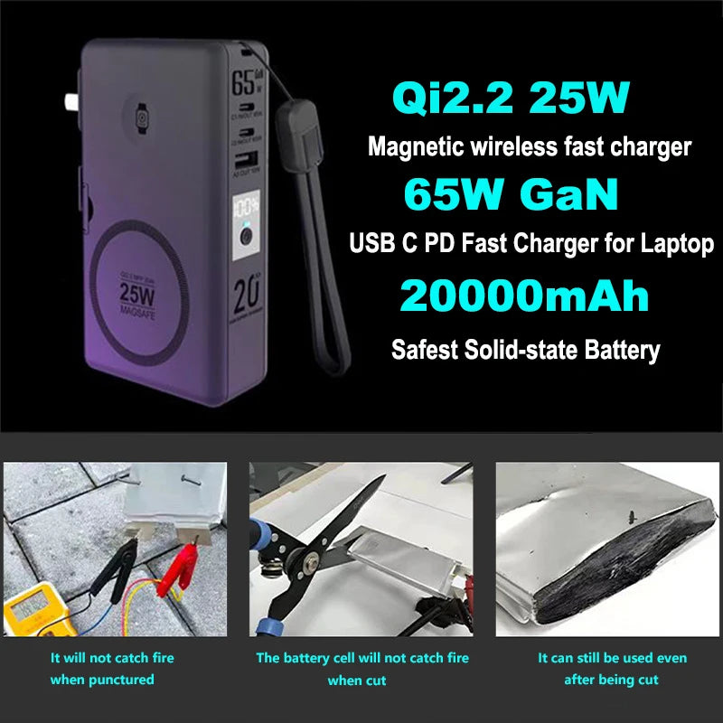 Solid-state Battery 65W GaN USB C Charger Power Bank 20000mAh Qi2.2 25W Magnetic Wireless Fast Charger for iPhone iWatch Airpods