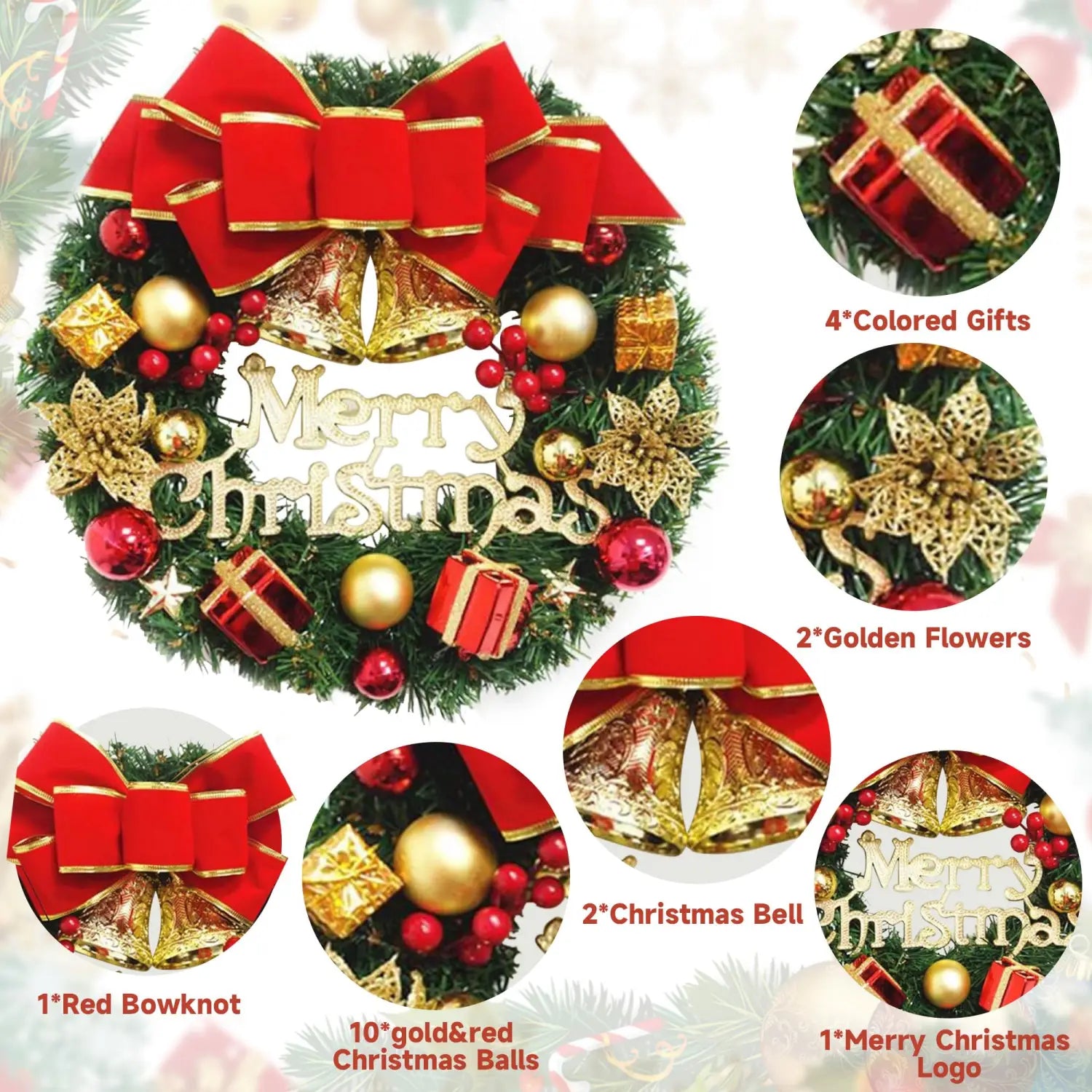 Christmas wreath velvet bow holiday door hanging decor featuring a red velvet bow with gold trim adorning a festive christmas wreath.