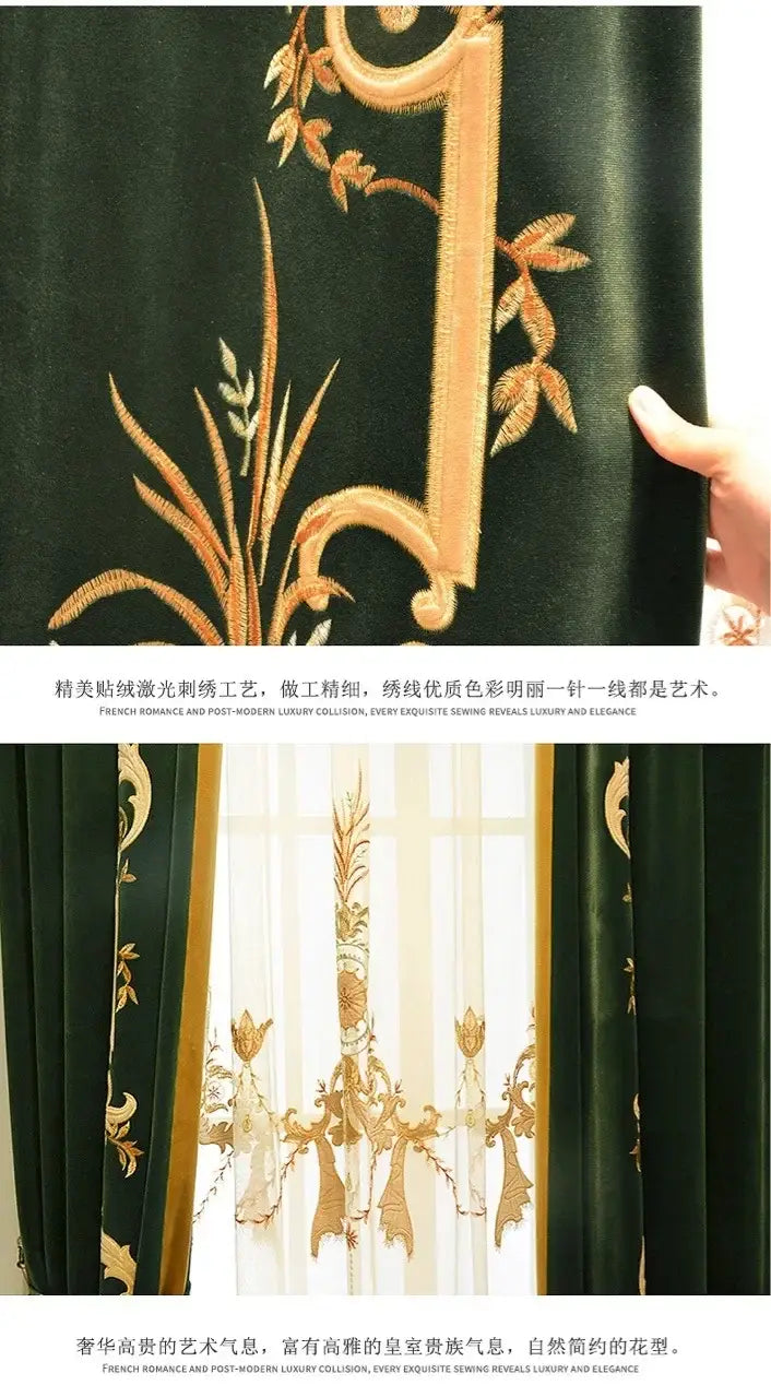 dark green velvet french green velvet embroidered curtains with intricate gold floral and ornate scrollwork designs featuring tassel tieback beads