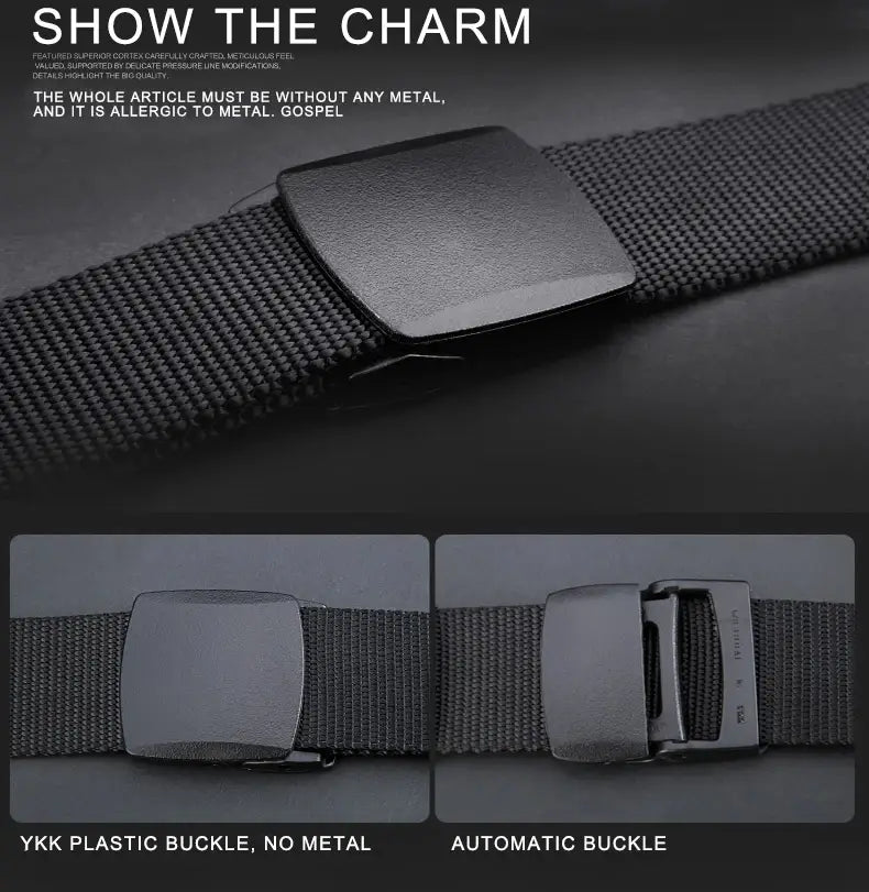 Tactical nylon belt for men in black with a matte black plastic buckle and an automatic closure mechanism designed for outdoor use.