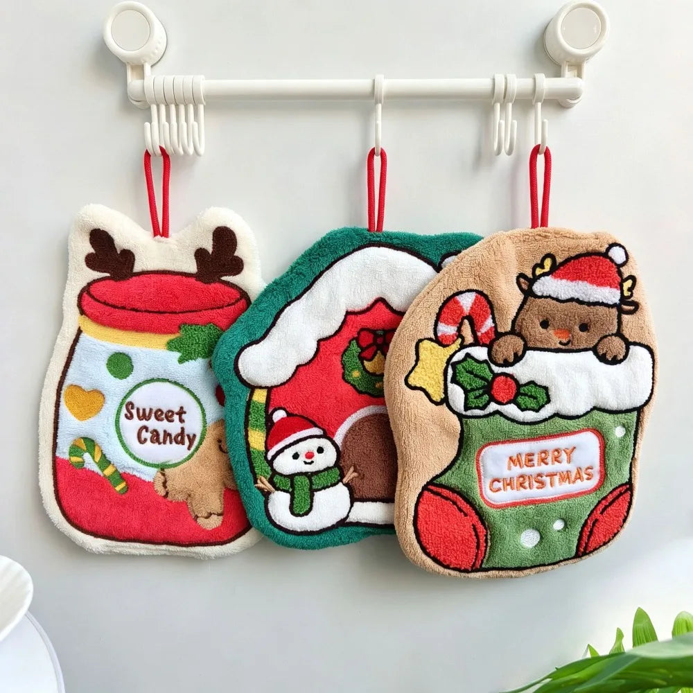 Christmas Decor Hanging Hand Towel House Snow Globe Design Soft Coral‑Fleece Absorbent Holiday Kitchen Towels Decor for Bathroom