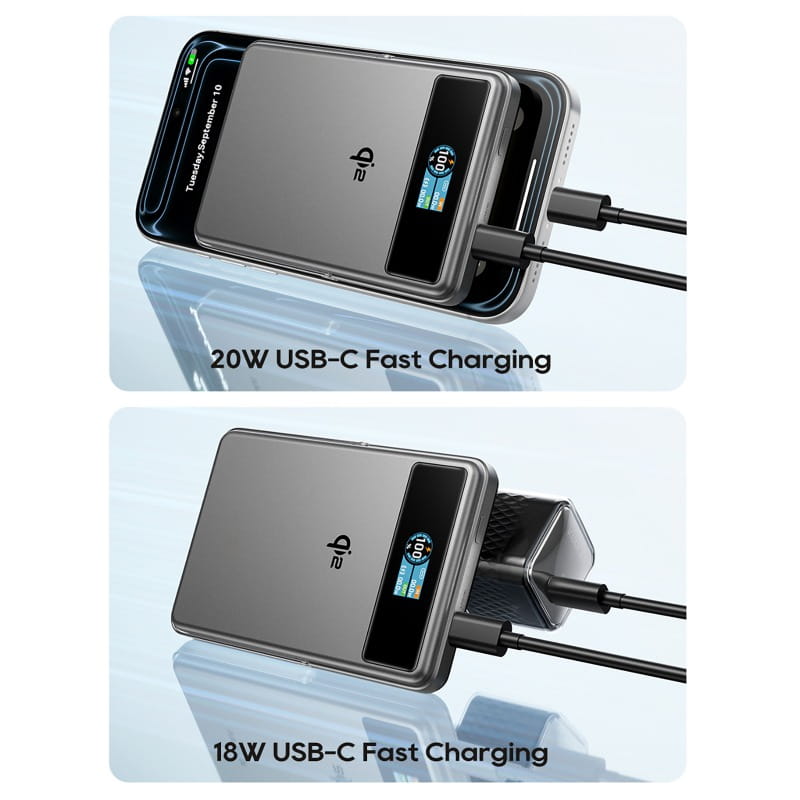 Gray rectangular wireless charging power bank with 10000mAh capacity, 20w wired charging, digital display showing battery level and wattage, featuring the sib logo on its surface.