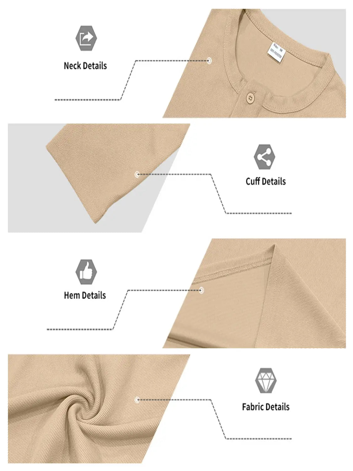 Beige men long sleeve henley shirt with ribbed collar, buttoned placket, and neatly finished cuffs and hem designed as a casual top.