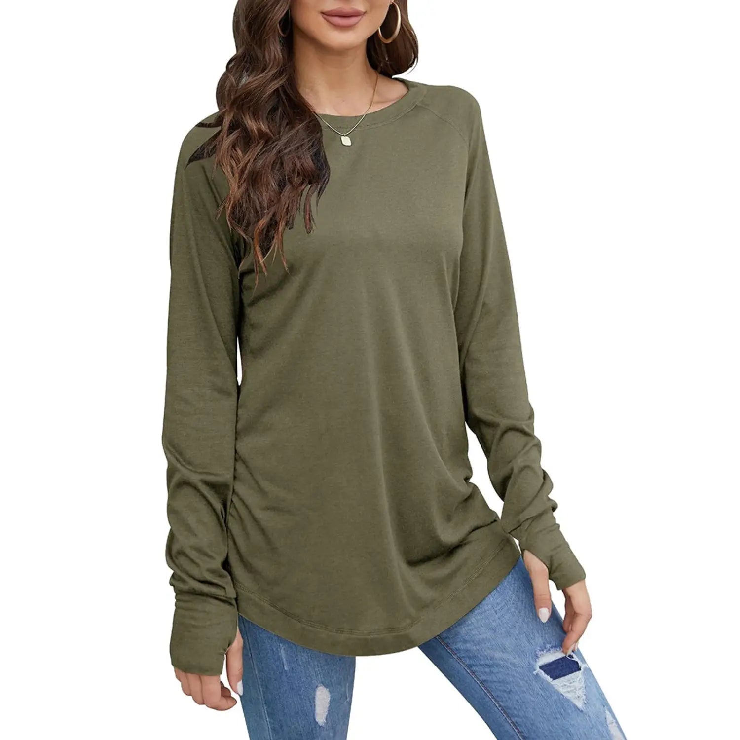 olive green women long sleeve cotton tunic top with a relaxed fit round neck and subtle ruching at the cuffs