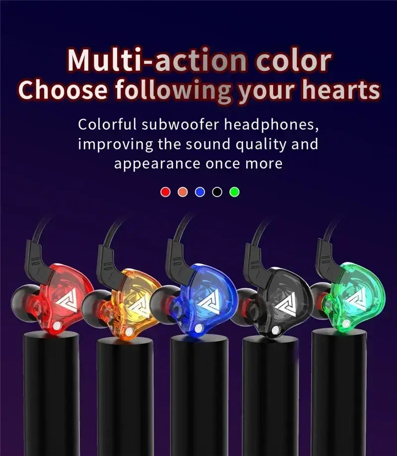 qkz ak6 in-ear headphones with mic featuring colorful translucent casings and black earpieces available in red orange blue black and green.