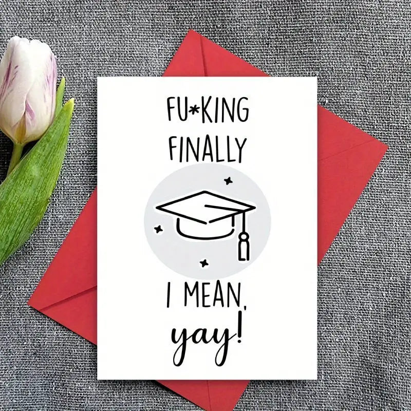 A white funny graduation card for him and her with black text and a circular graphic of a mortarboard resting on a red envelope.