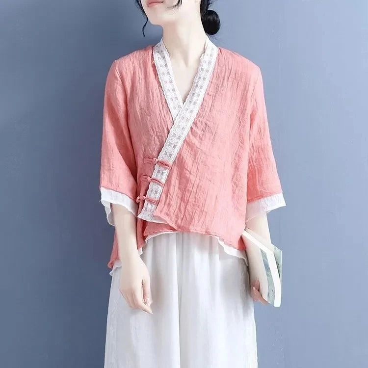 Ethnic Styly Women Tops New Summer Slanted Lapel Three-quarter Sleeve Shirts Vintage Lace V-Neck Loose Cotton Linen Shirt Blouse