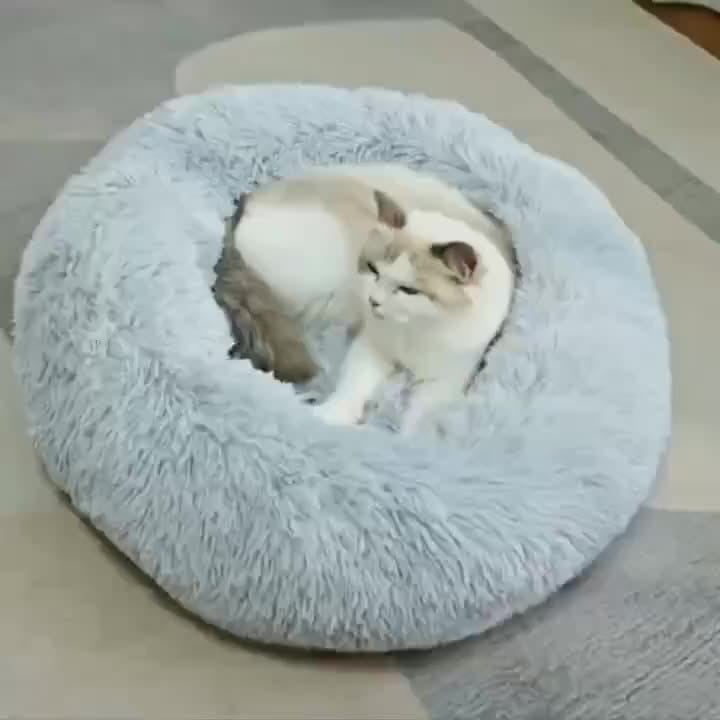 Una cama redonda para gato color azul claro, esponjosa, hecha de material de felpa suave, diseñada como nido cálido y confortable para mascotas.